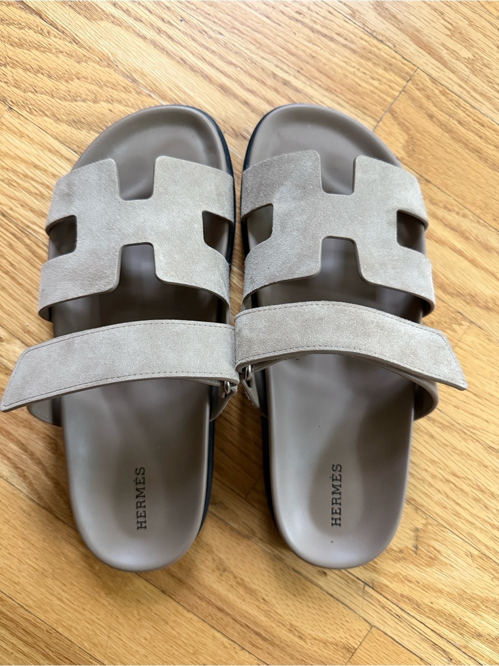 Hermes Chypre Taupe Suede H-Strap Slide Sandals